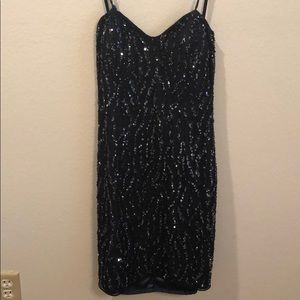 Navy strapless sequined dress